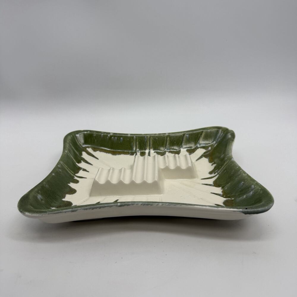 Vintage USA Pottery 3419 Green Drip Glaze Ashtray Retro MCM Atomic Tobacciana